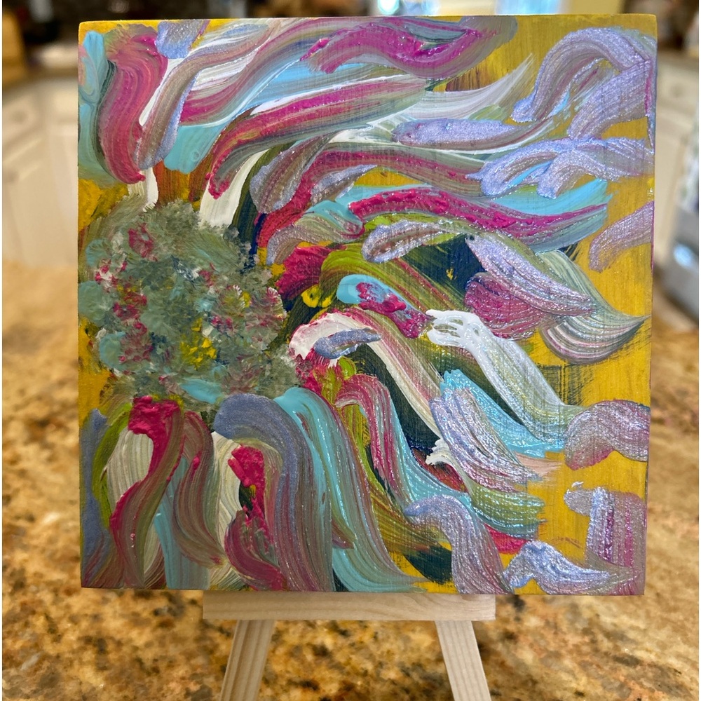 Original HandPainted Flower Stained Art on 5x5 Wooden Block Pink Gold Yellow